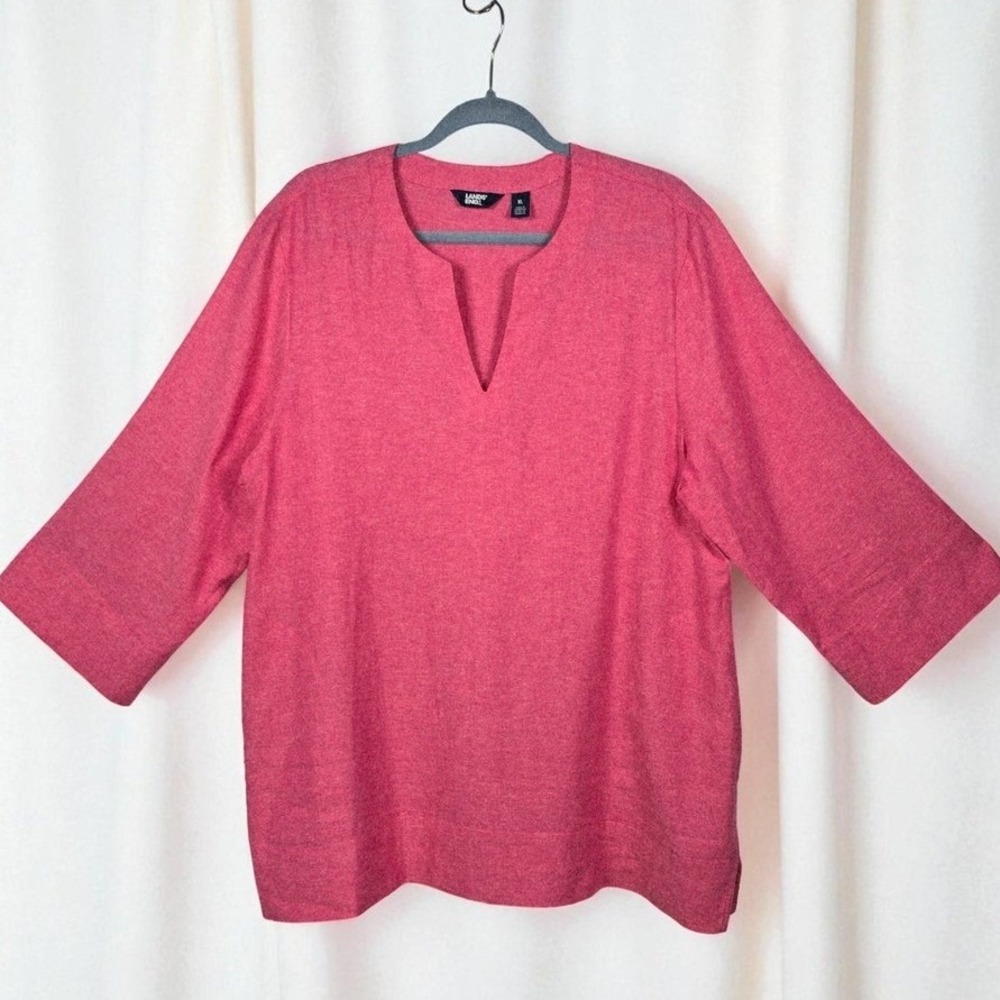 Lands' End Women Tunic Top XL‎ Pink 100% Linen V-Neck 3/4 Sleeve Lagenlok Boho